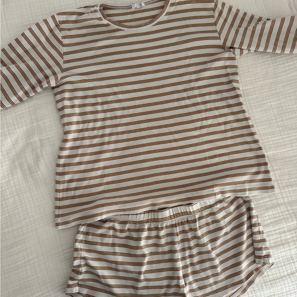 Women's Striped Pajama Set - Brown and White